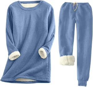 Winter Lounge Sets for Women Cozy Warm Two Piece Outfits Fuzzy Fleece Lined Long Sleeve Pullover with Pants