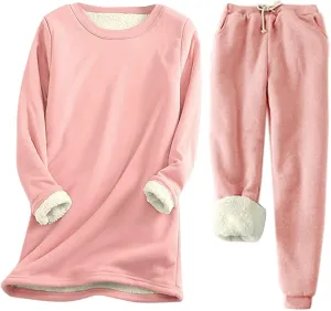 Winter Lounge Sets for Women Cozy Warm Two Piece Outfits Fuzzy Fleece Lined Long Sleeve Pullover with Pants