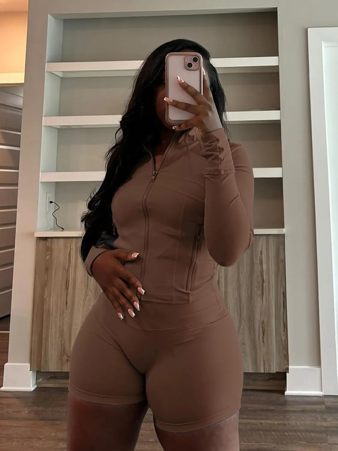 Women 2 Piece Short Sets Full Zip Long Sleeve Jacket Bodycon Biker Shorts Tracksuit Sweatsuit