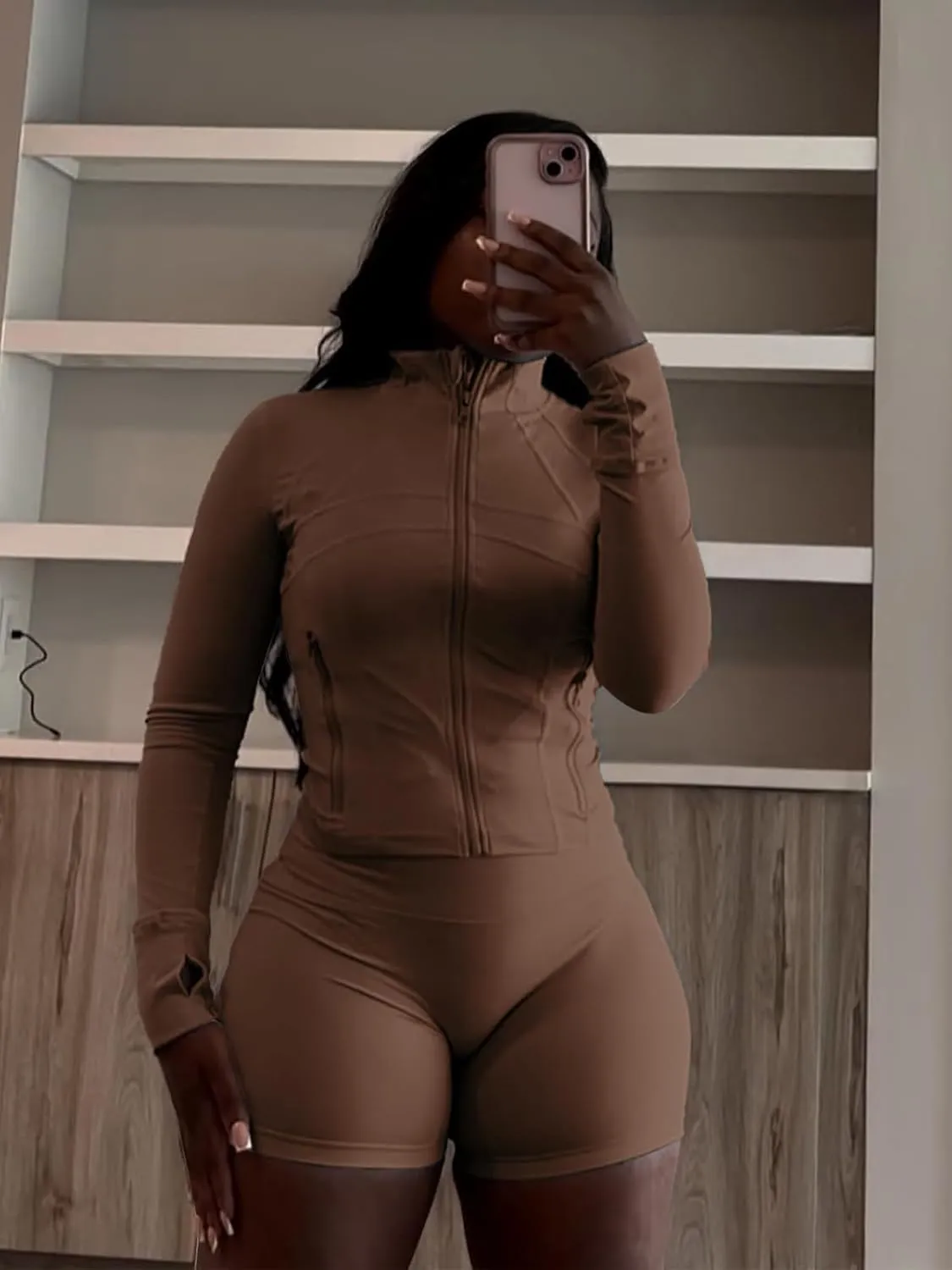 Women 2 Piece Short Sets Full Zip Long Sleeve Jacket Bodycon Biker Shorts Tracksuit Sweatsuit