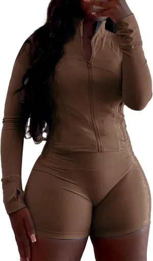 Women 2 Piece Short Sets Full Zip Long Sleeve Jacket Bodycon Biker Shorts Tracksuit Sweatsuit