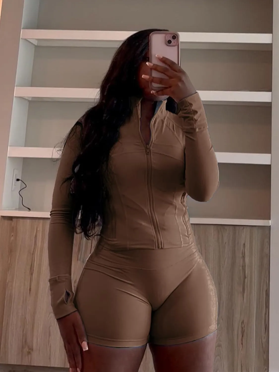 Women 2 Piece Short Sets Full Zip Long Sleeve Jacket Bodycon Biker Shorts Tracksuit Sweatsuit