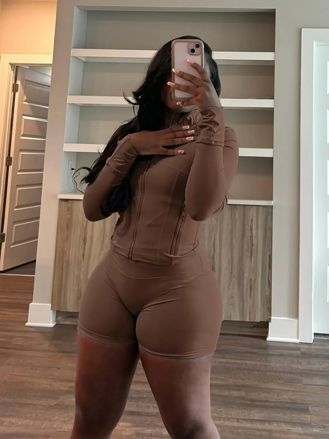 Women 2 Piece Short Sets Full Zip Long Sleeve Jacket Bodycon Biker Shorts Tracksuit Sweatsuit