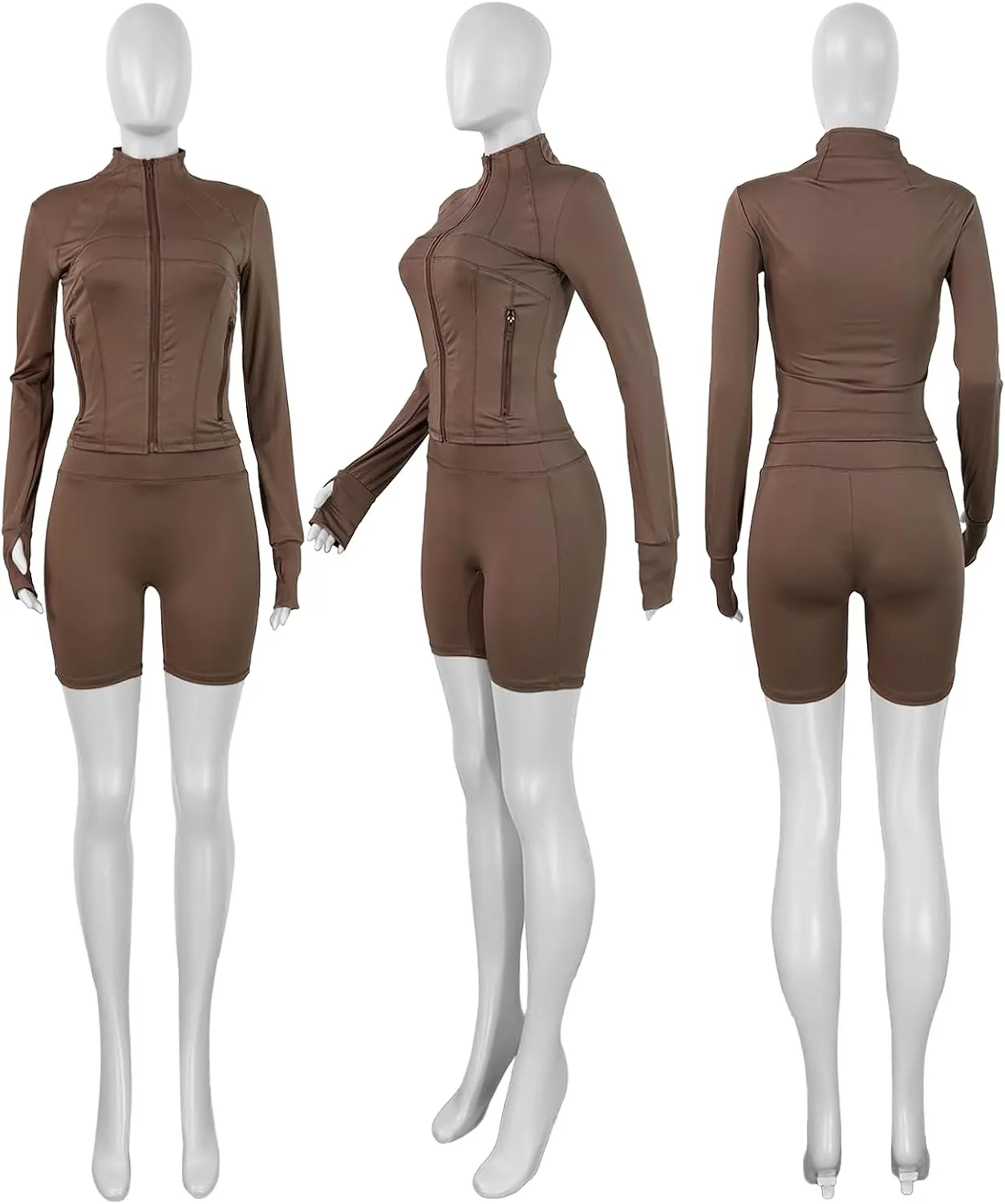 Women 2 Piece Short Sets Full Zip Long Sleeve Jacket Bodycon Biker Shorts Tracksuit Sweatsuit