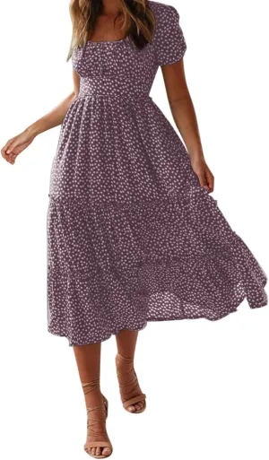Women Boho Maxi Dress Crew-Neck Short Sleeve Empire Waist Summer Dress Smocked Floral Flowy Tiered Long Dress