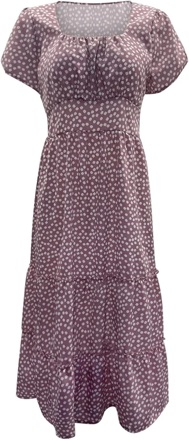 Women Boho Maxi Dress Crew-Neck Short Sleeve Empire Waist Summer Dress Smocked Floral Flowy Tiered Long Dress