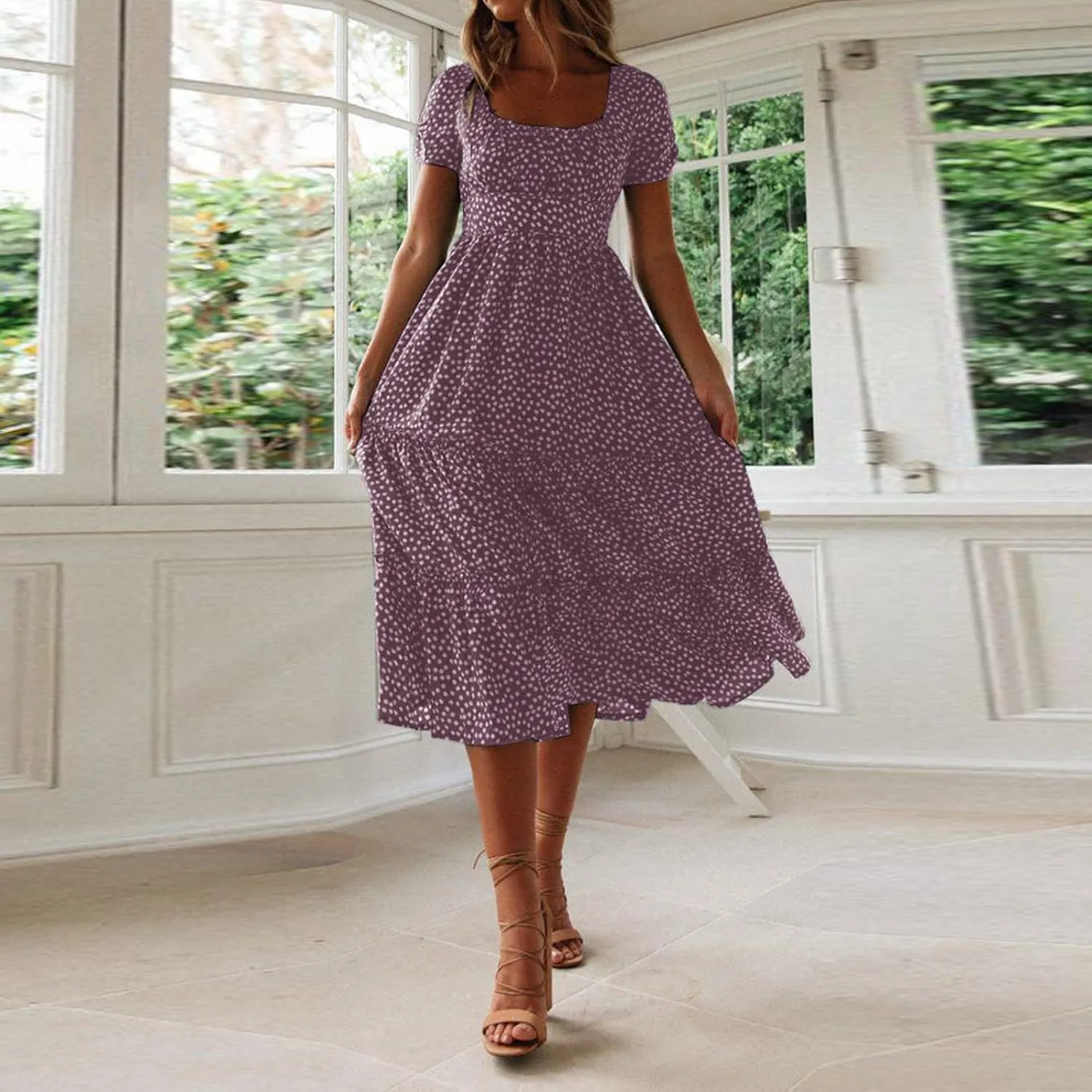 Women Boho Maxi Dress Crew-Neck Short Sleeve Empire Waist Summer Dress Smocked Floral Flowy Tiered Long Dress