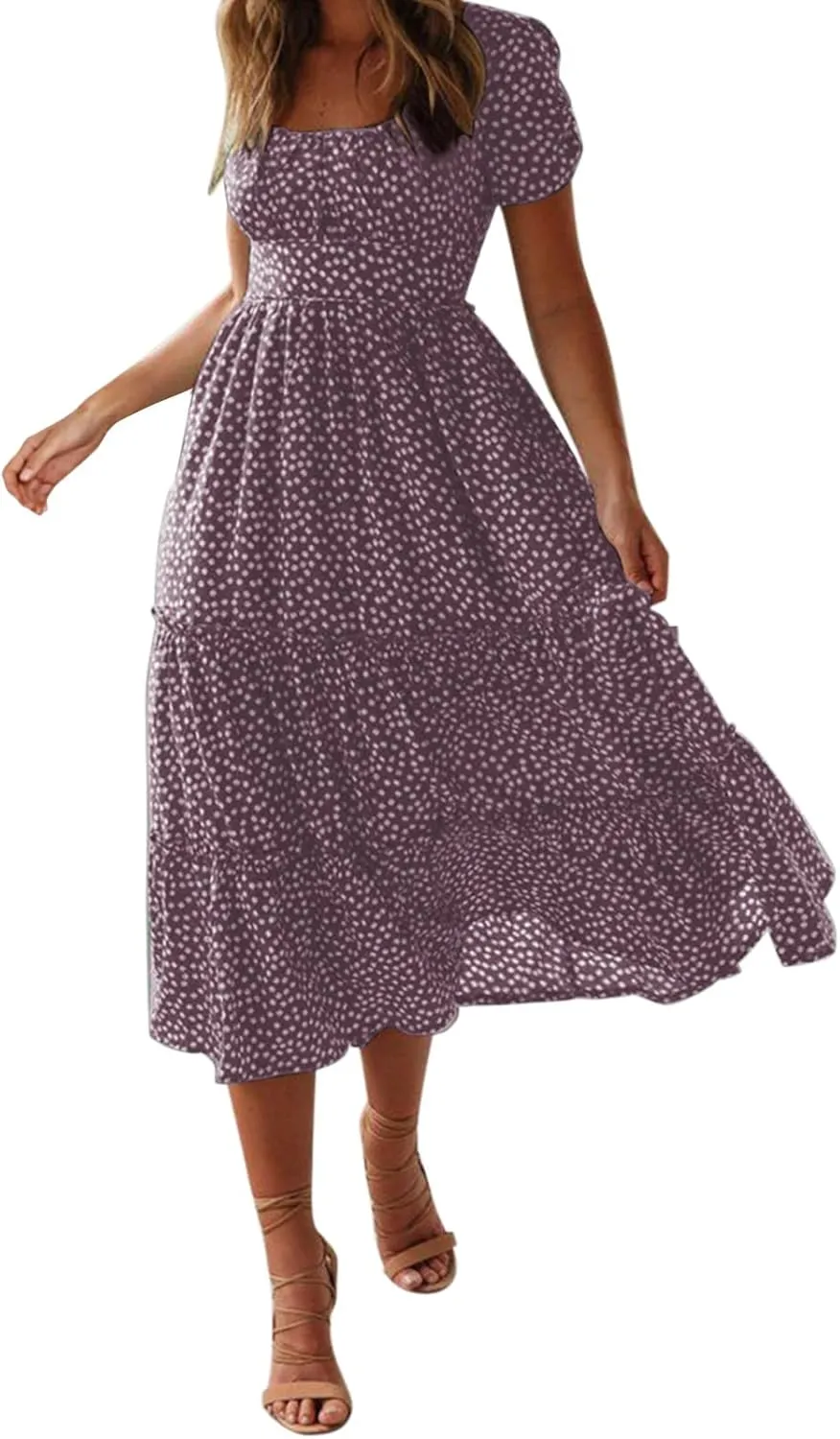 Women Boho Maxi Dress Crew-Neck Short Sleeve Empire Waist Summer Dress Smocked Floral Flowy Tiered Long Dress