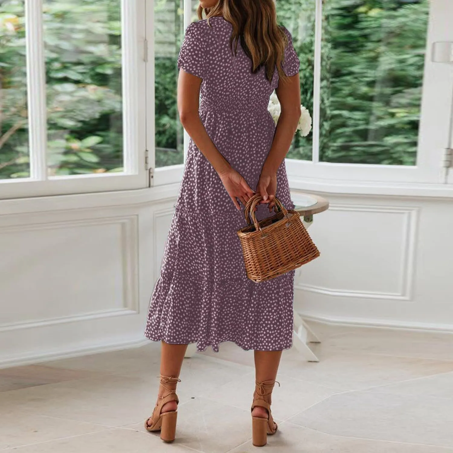 Women Boho Maxi Dress Crew-Neck Short Sleeve Empire Waist Summer Dress Smocked Floral Flowy Tiered Long Dress