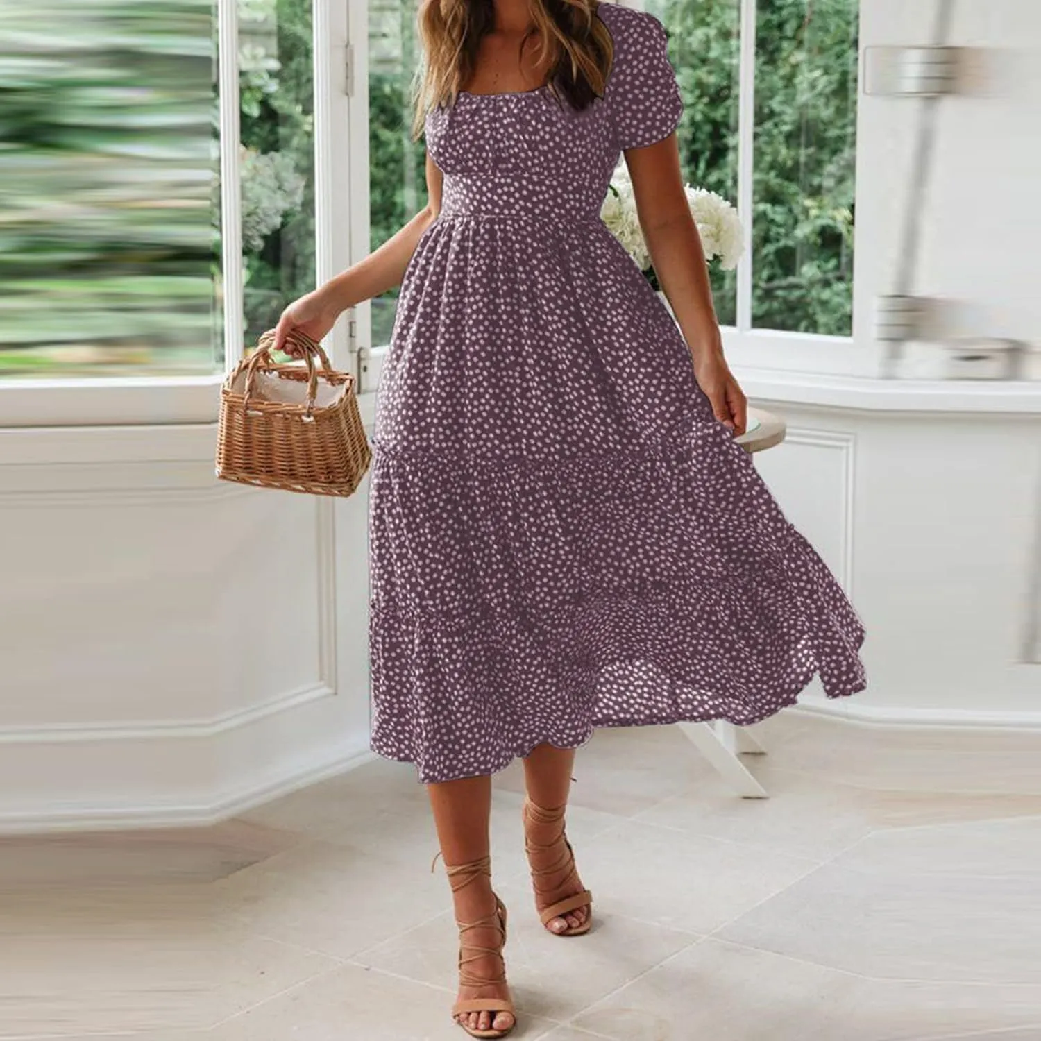 Women Boho Maxi Dress Crew-Neck Short Sleeve Empire Waist Summer Dress Smocked Floral Flowy Tiered Long Dress