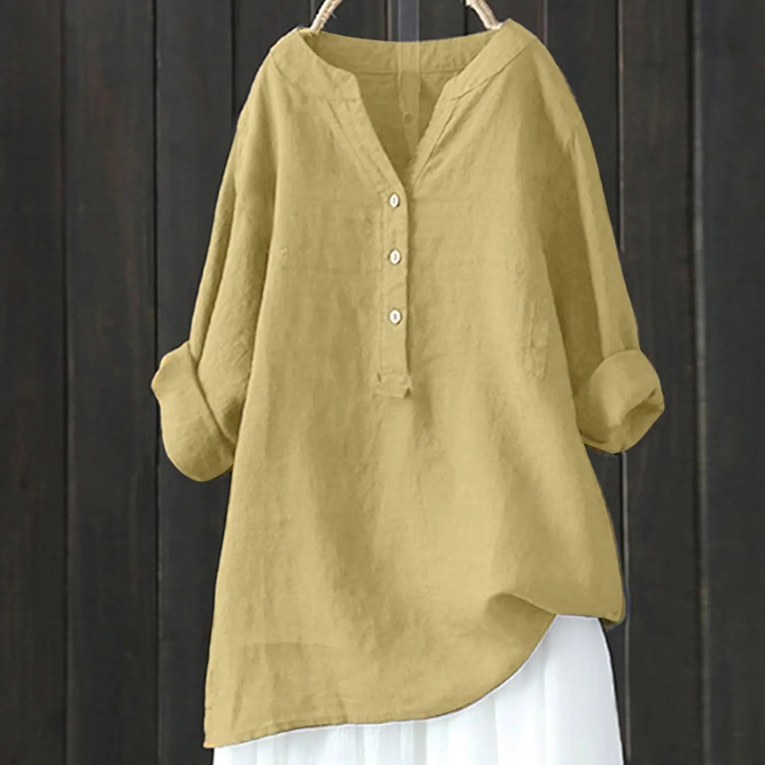 Women Button Up Shirts V-Neck Long Sleeve Linen Summer Casual Dressy Blouse Top Loose Fit T-Shirt