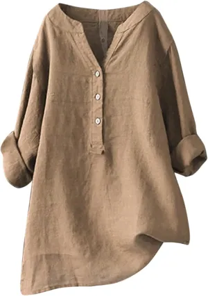 Women Button Up Shirts V-Neck Long Sleeve Linen Summer Casual Dressy Blouse Top Loose Fit T-Shirt