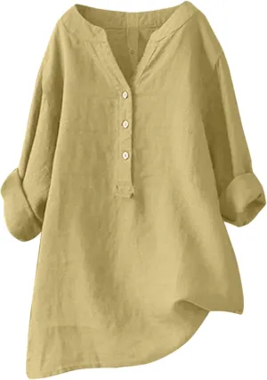 Women Button Up Shirts V-Neck Long Sleeve Linen Summer Casual Dressy Blouse Top Loose Fit T-Shirt
