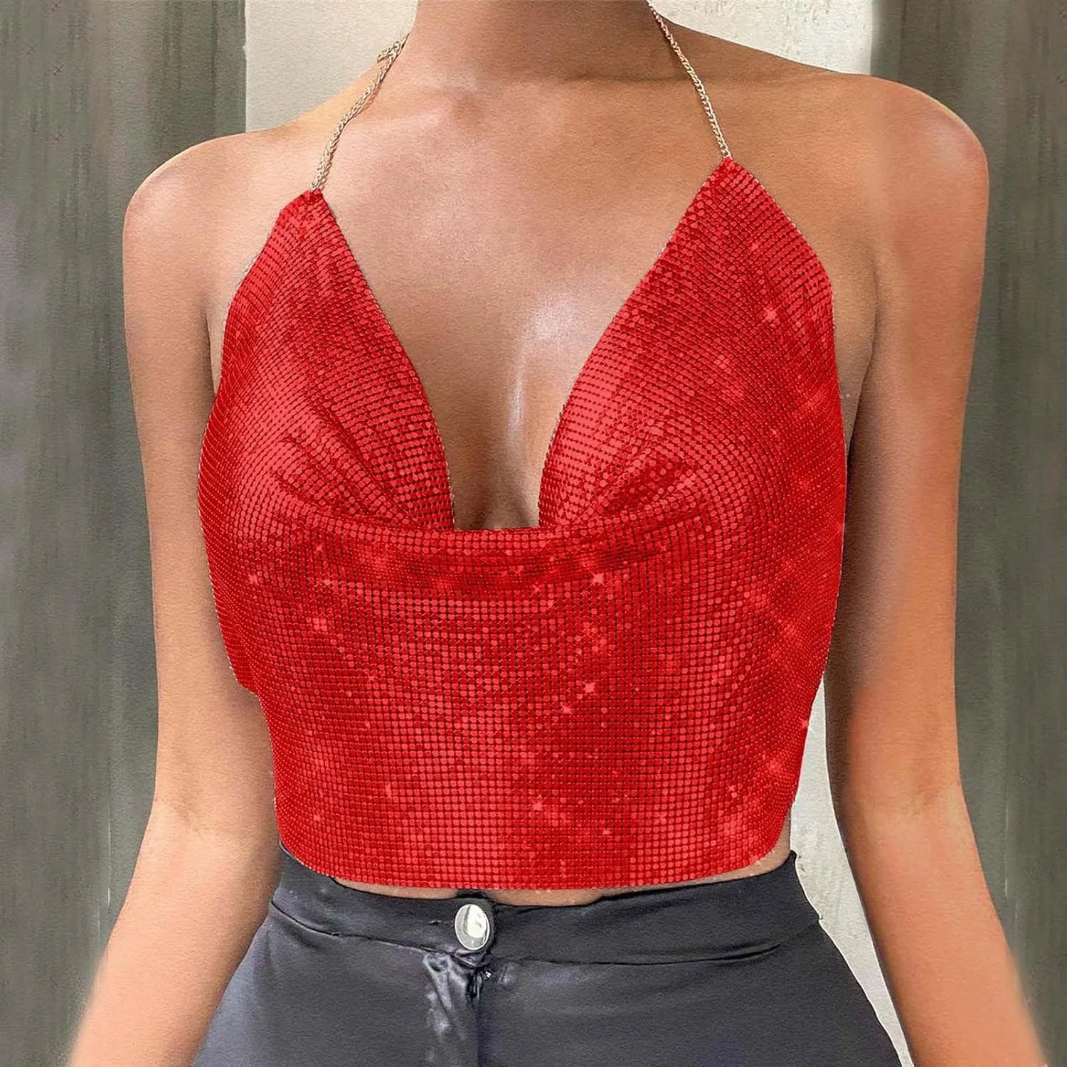Women Chain Sexy Clothes Beading Tassel Sleeveless Backless Crop Top Club Vintage Tank Tops Wardrobe Women