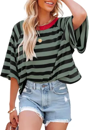 Women Color Block Oversized Striped T-Shirts Short Sleeve Crew Neck Top Basic Casual Tee Shirts Summer Loose Shirts