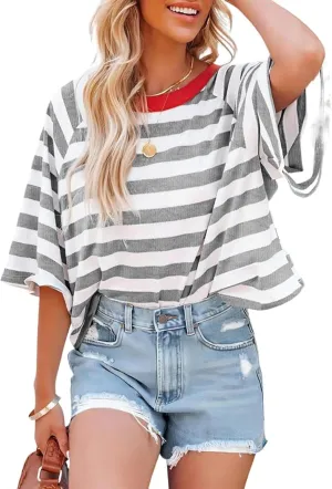 Women Color Block Oversized Striped T-Shirts Short Sleeve Crew Neck Top Basic Casual Tee Shirts Summer Loose Shirts