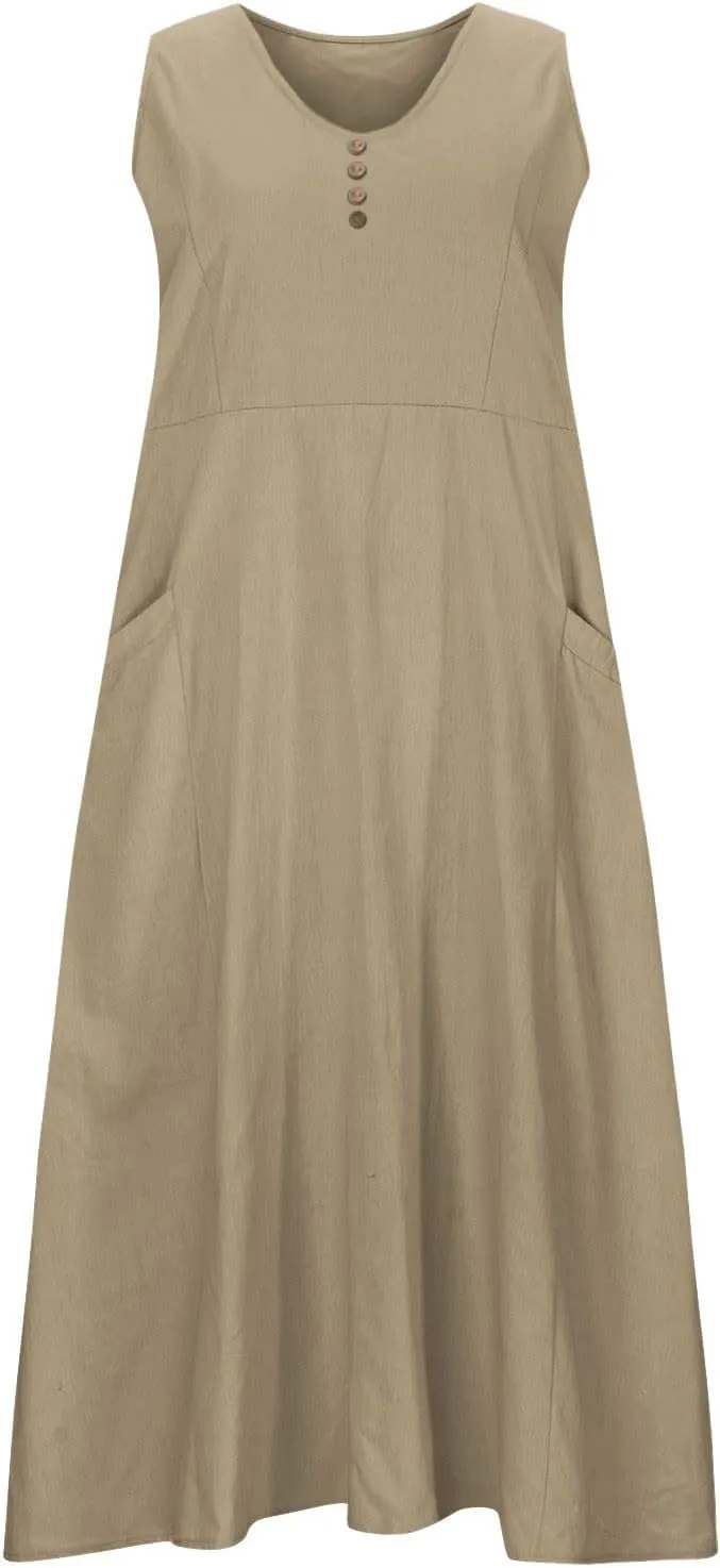 Women Cotton Linen Summer Dresses 2024 Trendy Maxi Dress Flowy Sleeveless Long Sundresses Boho Casual Vacation Clothes