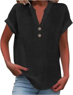 Women Cotton Linen Summer Shirts Guaze Tunic Tops Button V Neck Short Sleeve Blouses Loose Fit Ladies Clothes 2025