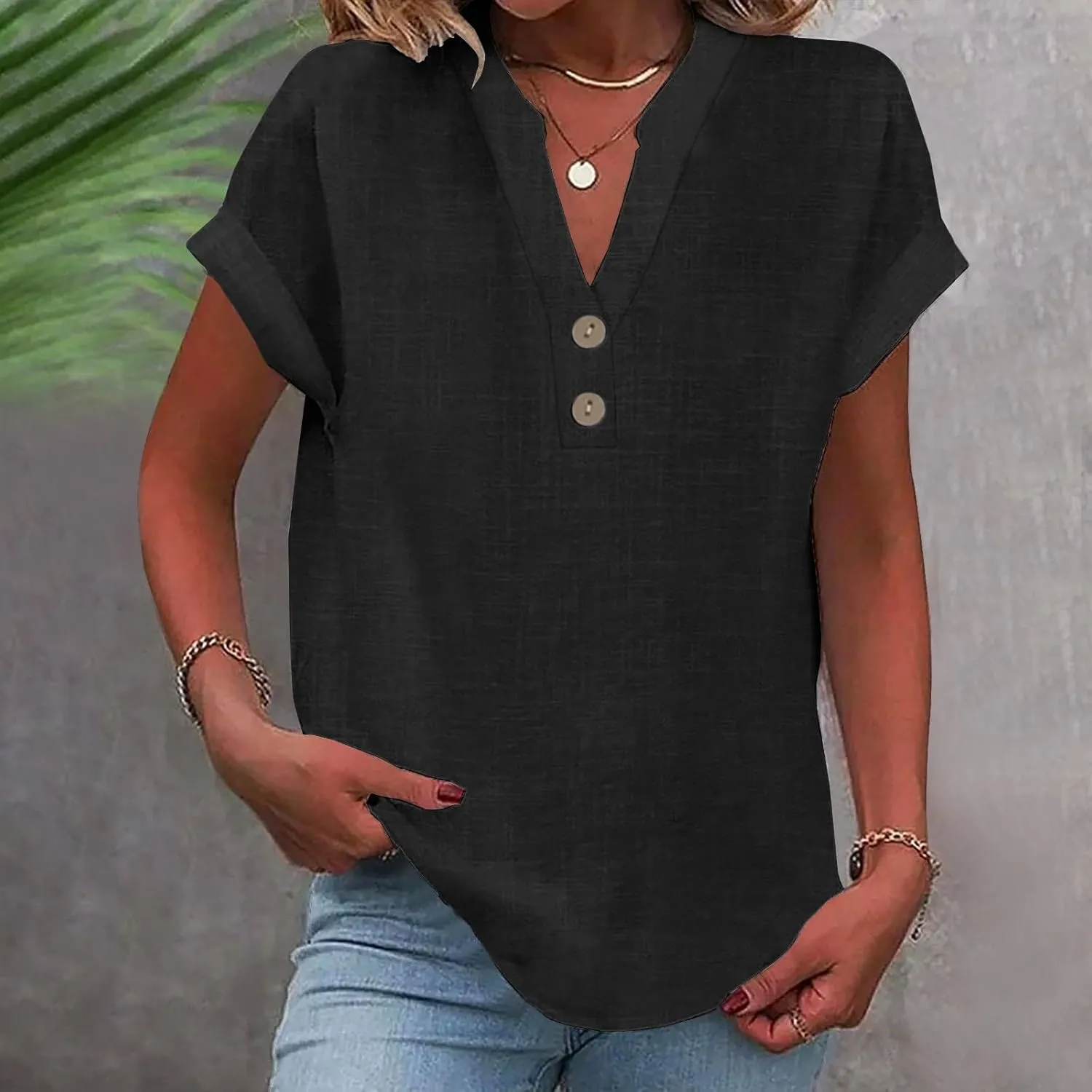 Women Cotton Linen Summer Shirts Guaze Tunic Tops Button V Neck Short Sleeve Blouses Loose Fit Ladies Clothes 2025