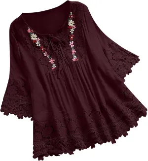 Women Embroidered Cotton Linen Tops Lace Trim Boho Blouses Tunic 3/4 Sleeve Gauze Shirts Trendy Ladies Summer Clothes