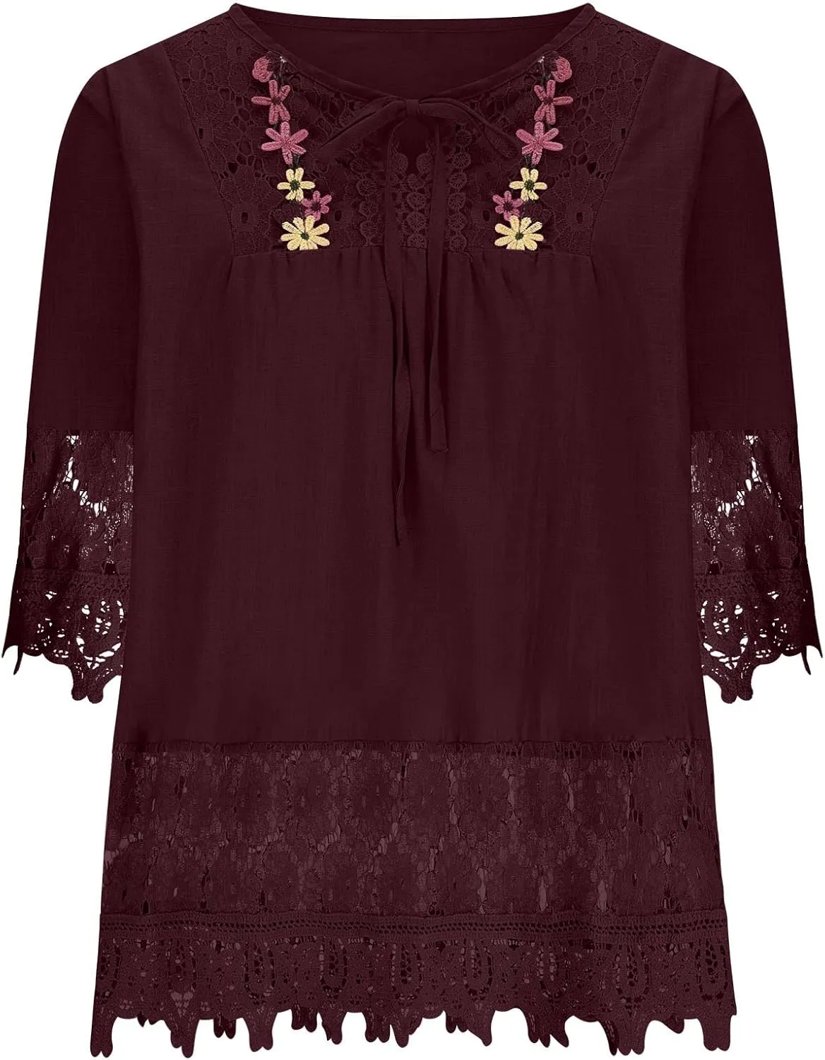 Women Embroidered Cotton Linen Tops Lace Trim Boho Blouses Tunic 3/4 Sleeve Gauze Shirts Trendy Ladies Summer Clothes