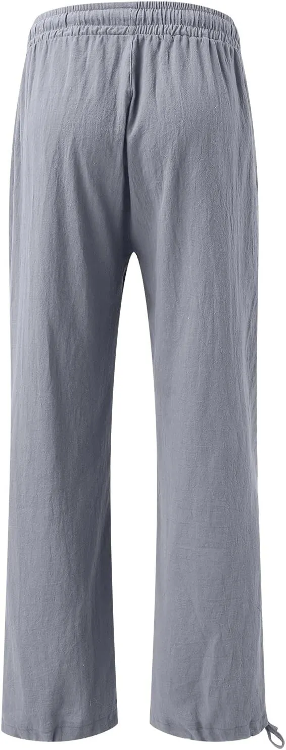 Women Linen Pants Summer Wide Leg Pants Casual Beach Pants with Pockets Elastic Palazzo Pants Boho Flowy Pants