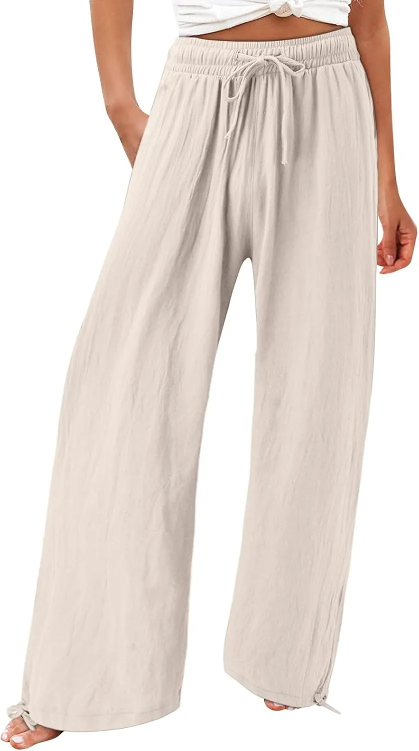 Women Linen Pants Summer Wide Leg Pants Casual Beach Pants with Pockets Elastic Palazzo Pants Boho Flowy Pants