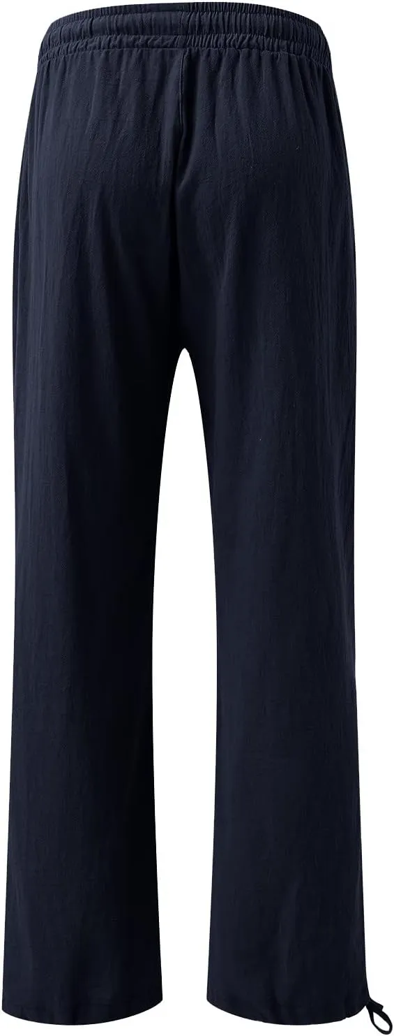 Women Linen Pants Summer Wide Leg Pants Casual Beach Pants with Pockets Elastic Palazzo Pants Boho Flowy Pants