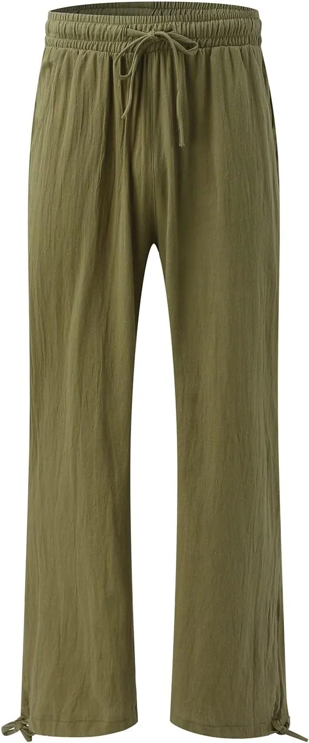 Women Linen Pants Summer Wide Leg Pants Casual Beach Pants with Pockets Elastic Palazzo Pants Boho Flowy Pants