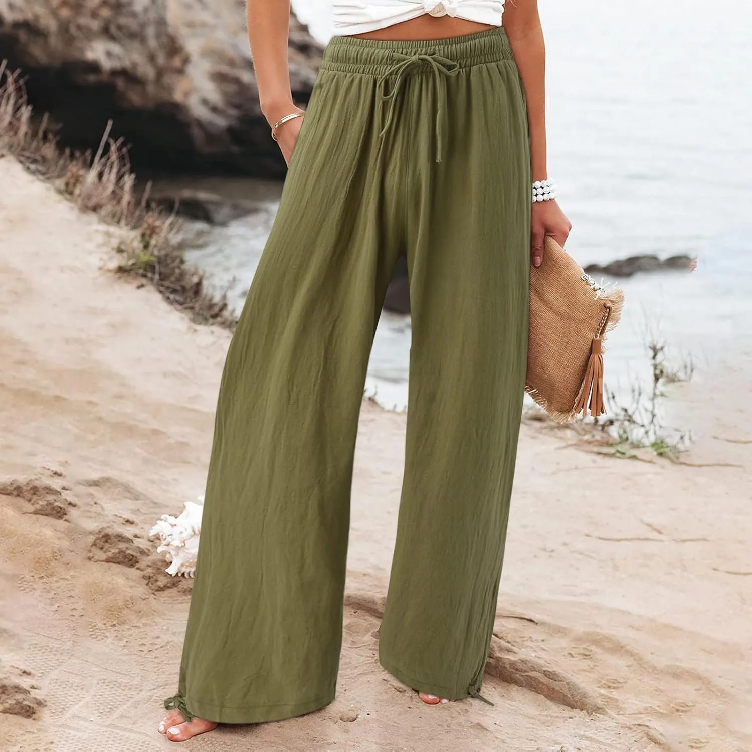 Women Linen Pants Summer Wide Leg Pants Casual Beach Pants with Pockets Elastic Palazzo Pants Boho Flowy Pants