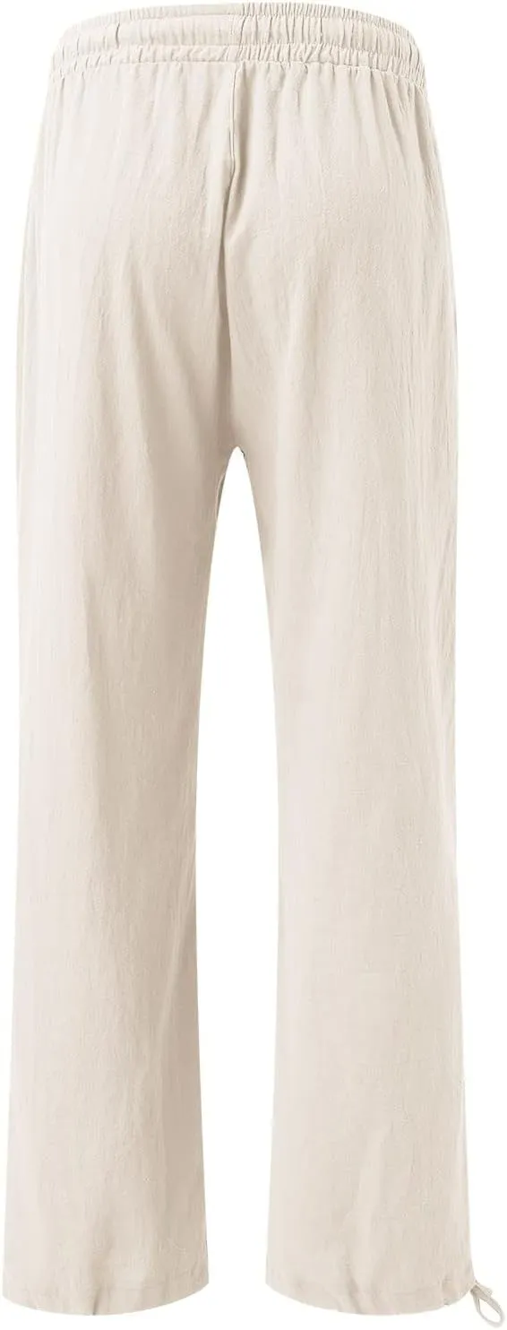 Women Linen Pants Summer Wide Leg Pants Casual Beach Pants with Pockets Elastic Palazzo Pants Boho Flowy Pants
