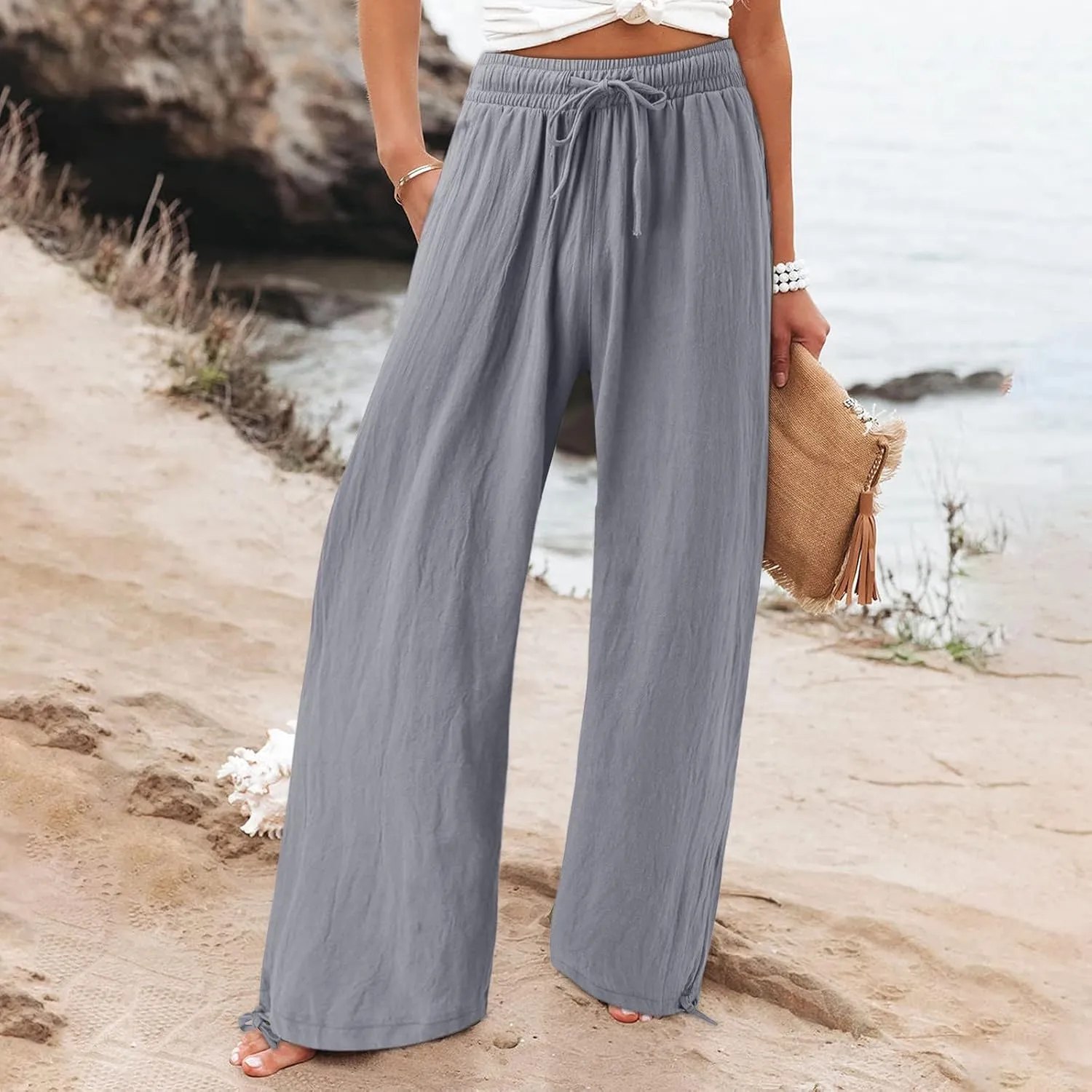 Women Linen Pants Summer Wide Leg Pants Casual Beach Pants with Pockets Elastic Palazzo Pants Boho Flowy Pants