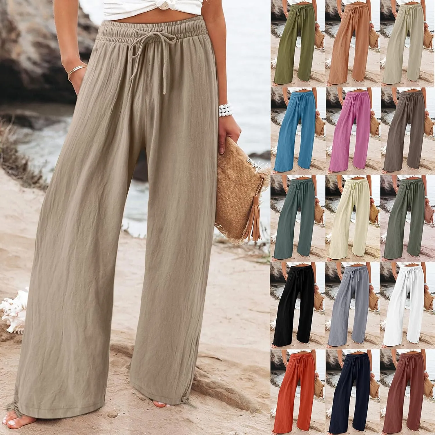 Women Linen Pants Summer Wide Leg Pants Casual Beach Pants with Pockets Elastic Palazzo Pants Boho Flowy Pants
