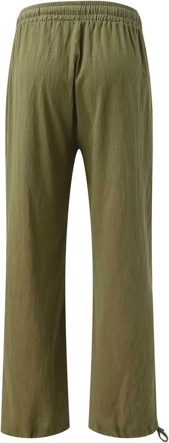 Women Linen Pants Summer Wide Leg Pants Casual Beach Pants with Pockets Elastic Palazzo Pants Boho Flowy Pants