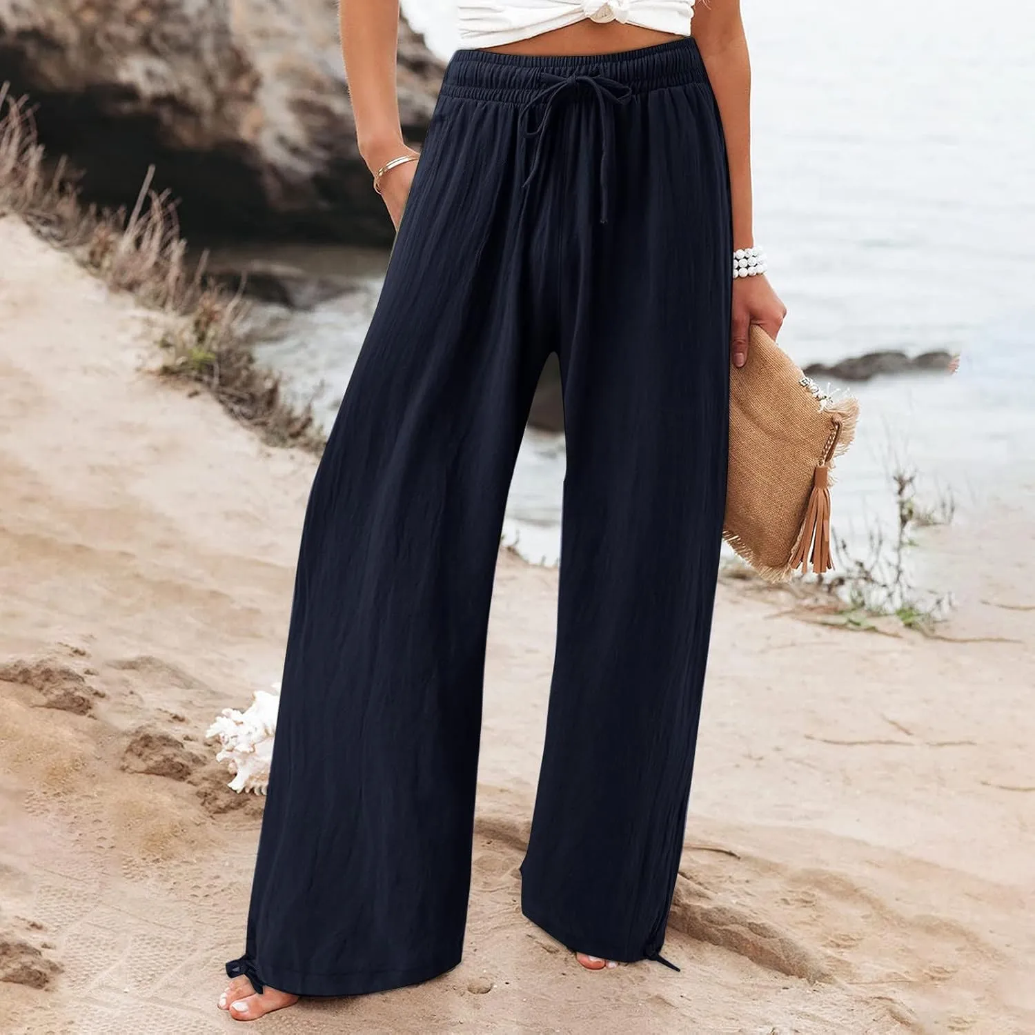 Women Linen Pants Summer Wide Leg Pants Casual Beach Pants with Pockets Elastic Palazzo Pants Boho Flowy Pants