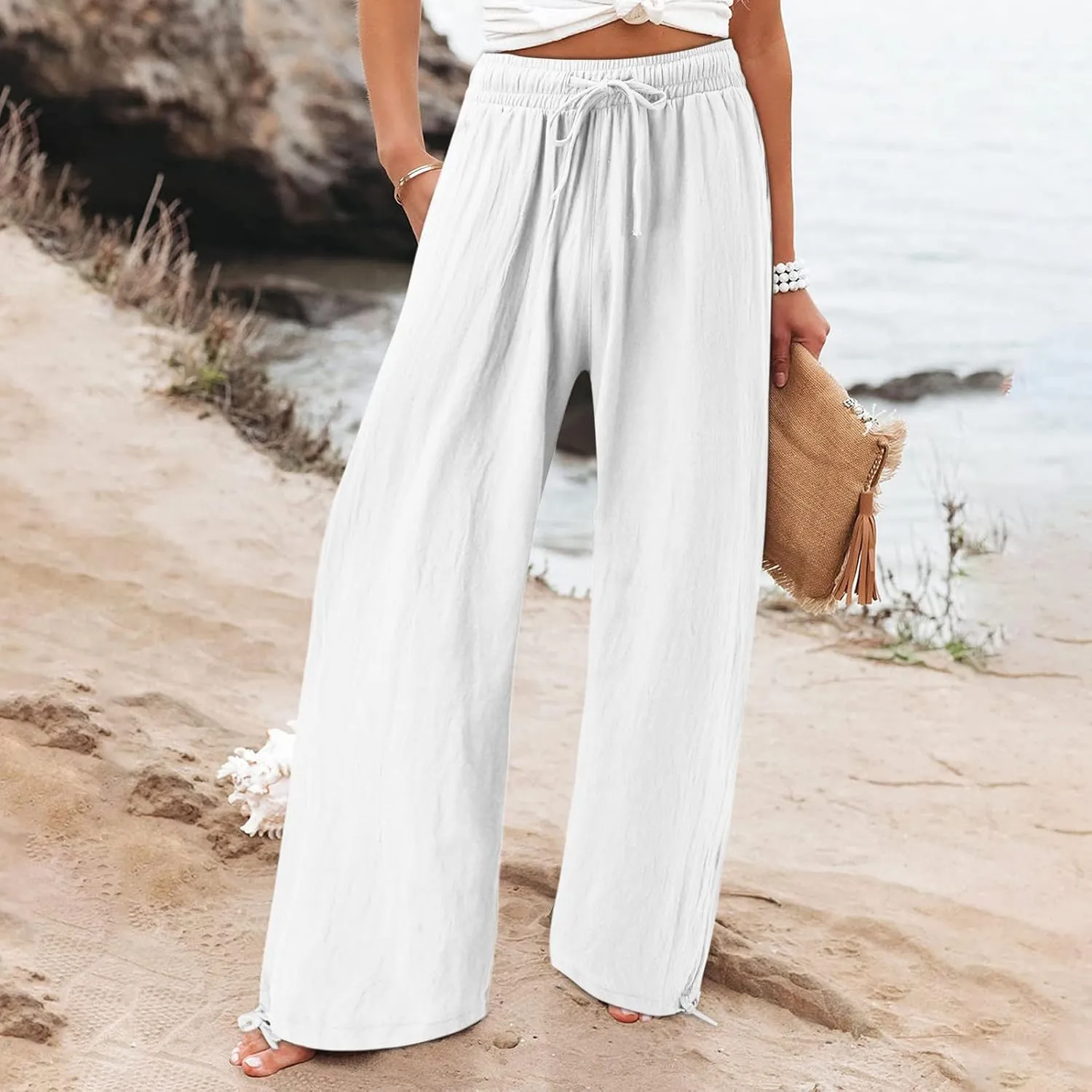 Women Linen Pants Summer Wide Leg Pants Casual Beach Pants with Pockets Elastic Palazzo Pants Boho Flowy Pants