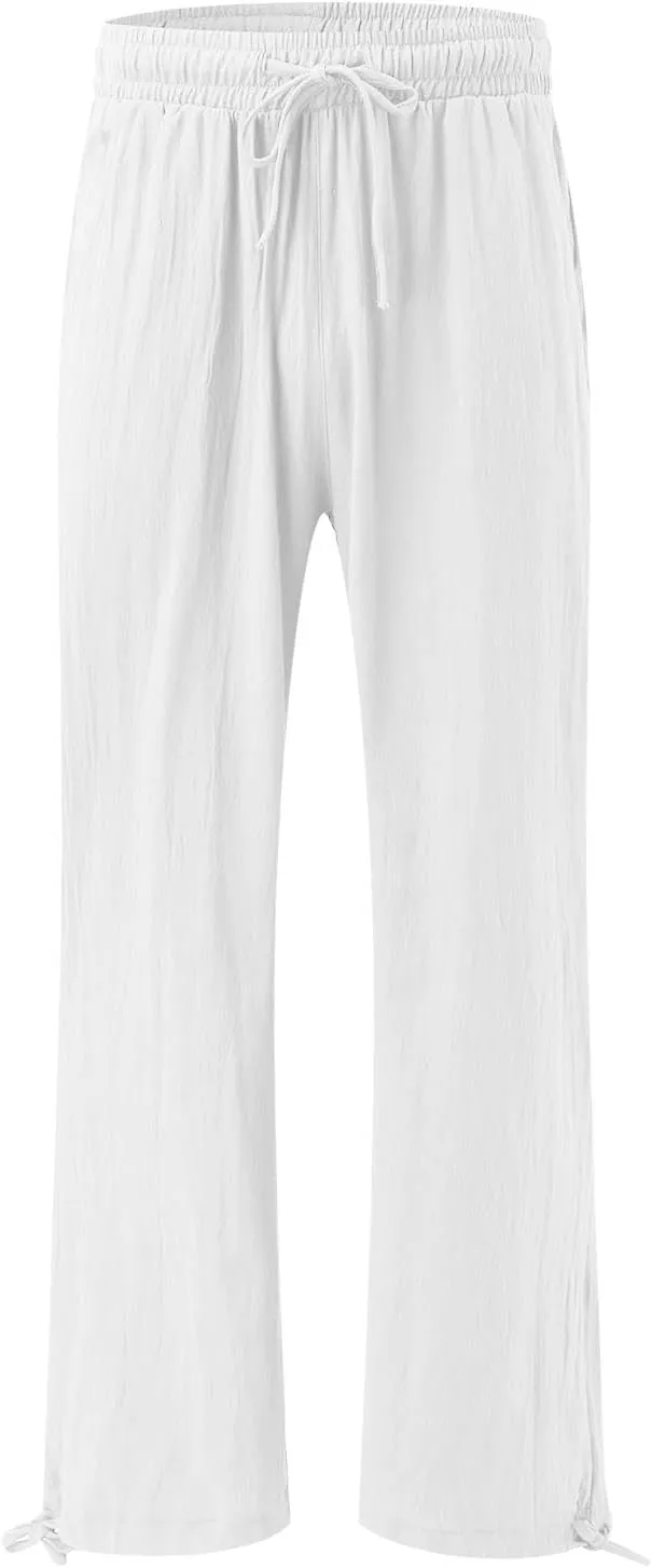 Women Linen Pants Summer Wide Leg Pants Casual Beach Pants with Pockets Elastic Palazzo Pants Boho Flowy Pants