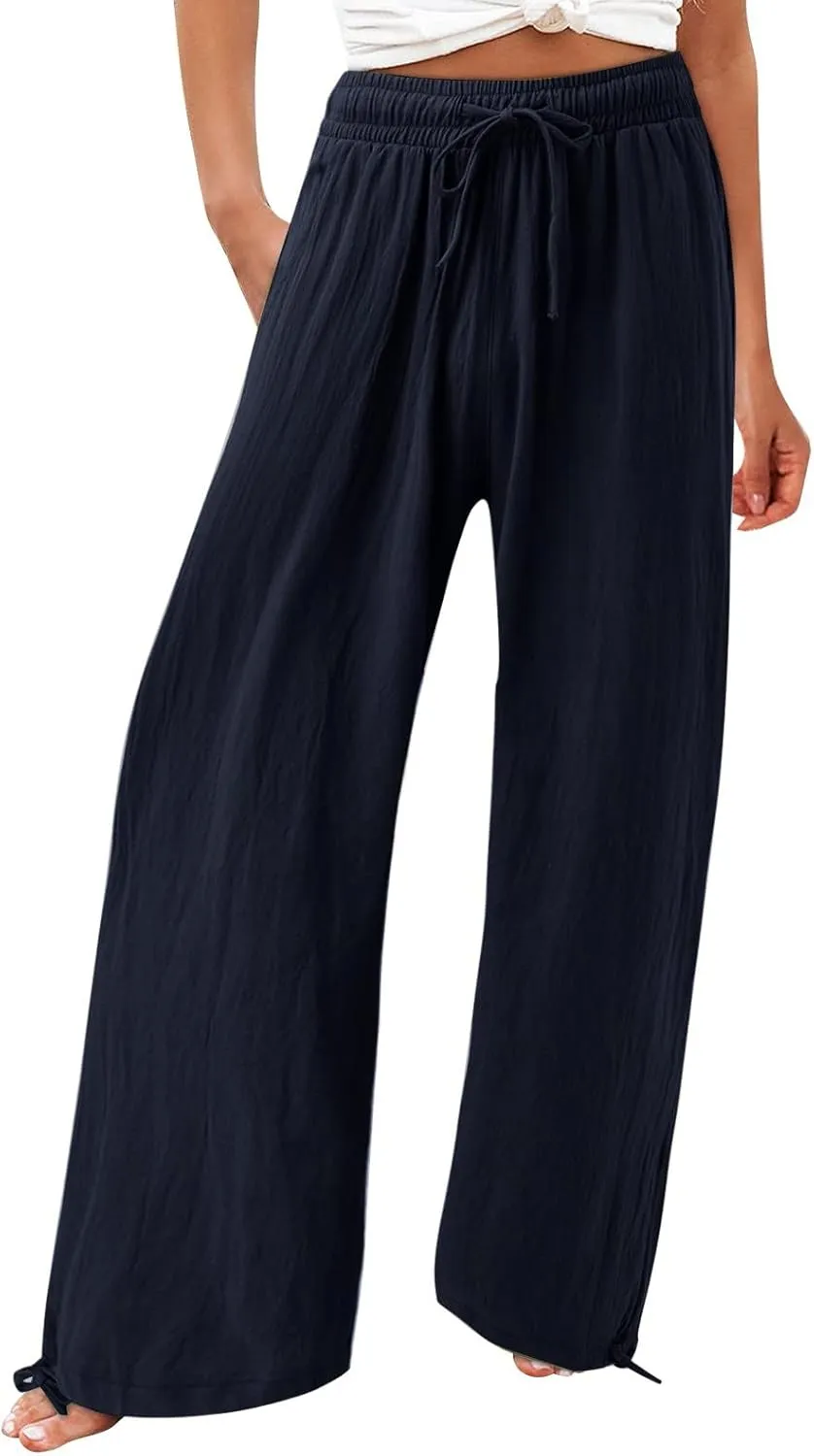 Women Linen Pants Summer Wide Leg Pants Casual Beach Pants with Pockets Elastic Palazzo Pants Boho Flowy Pants