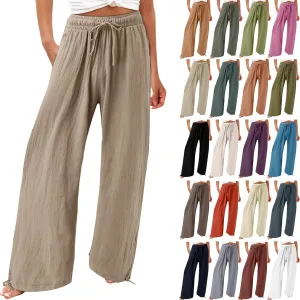 Women Linen Pants Summer Wide Leg Pants Casual Beach Pants with Pockets Elastic Palazzo Pants Boho Flowy Pants