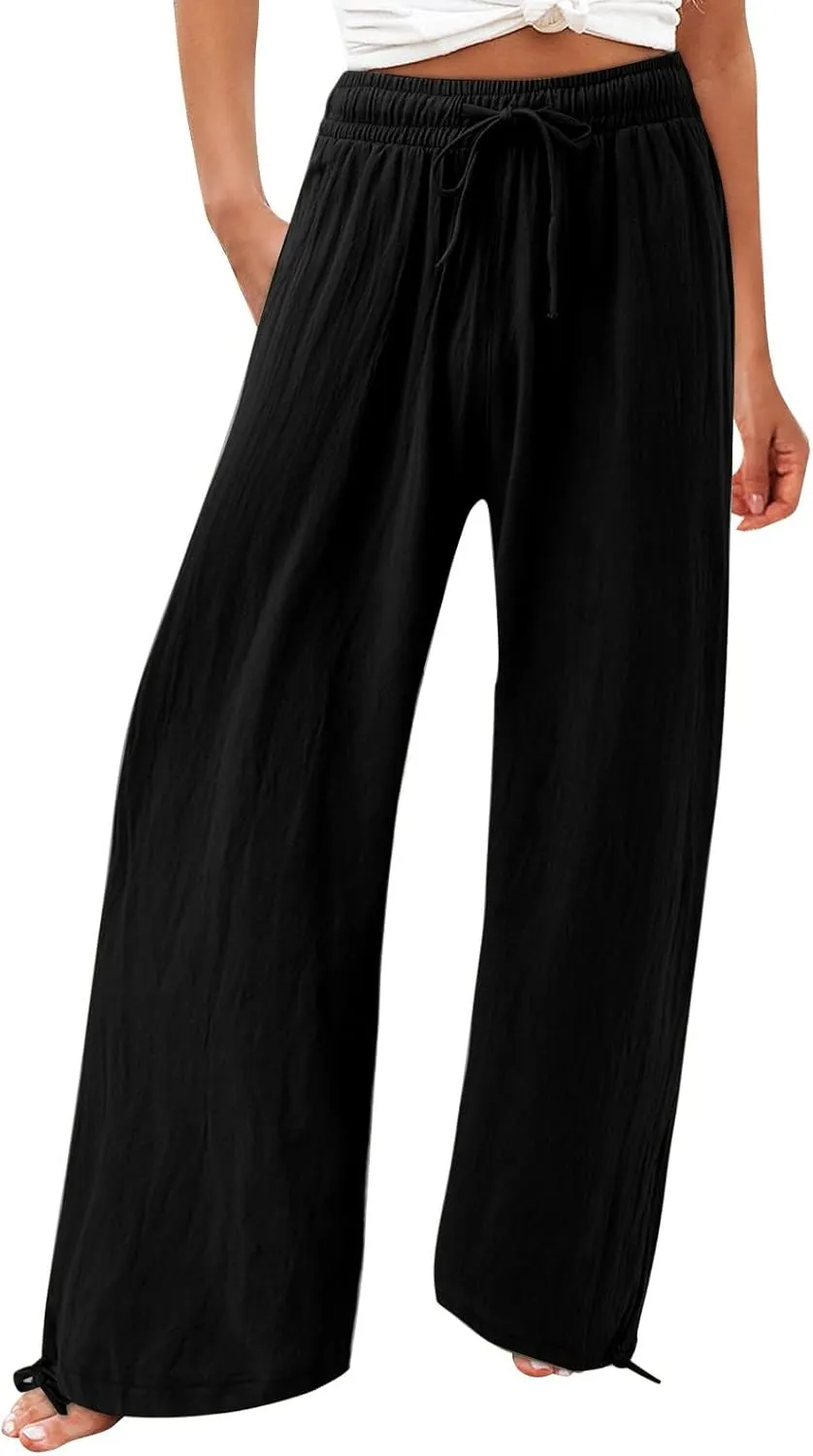 Women Linen Pants Summer Wide Leg Pants Casual Beach Pants with Pockets Elastic Palazzo Pants Boho Flowy Pants