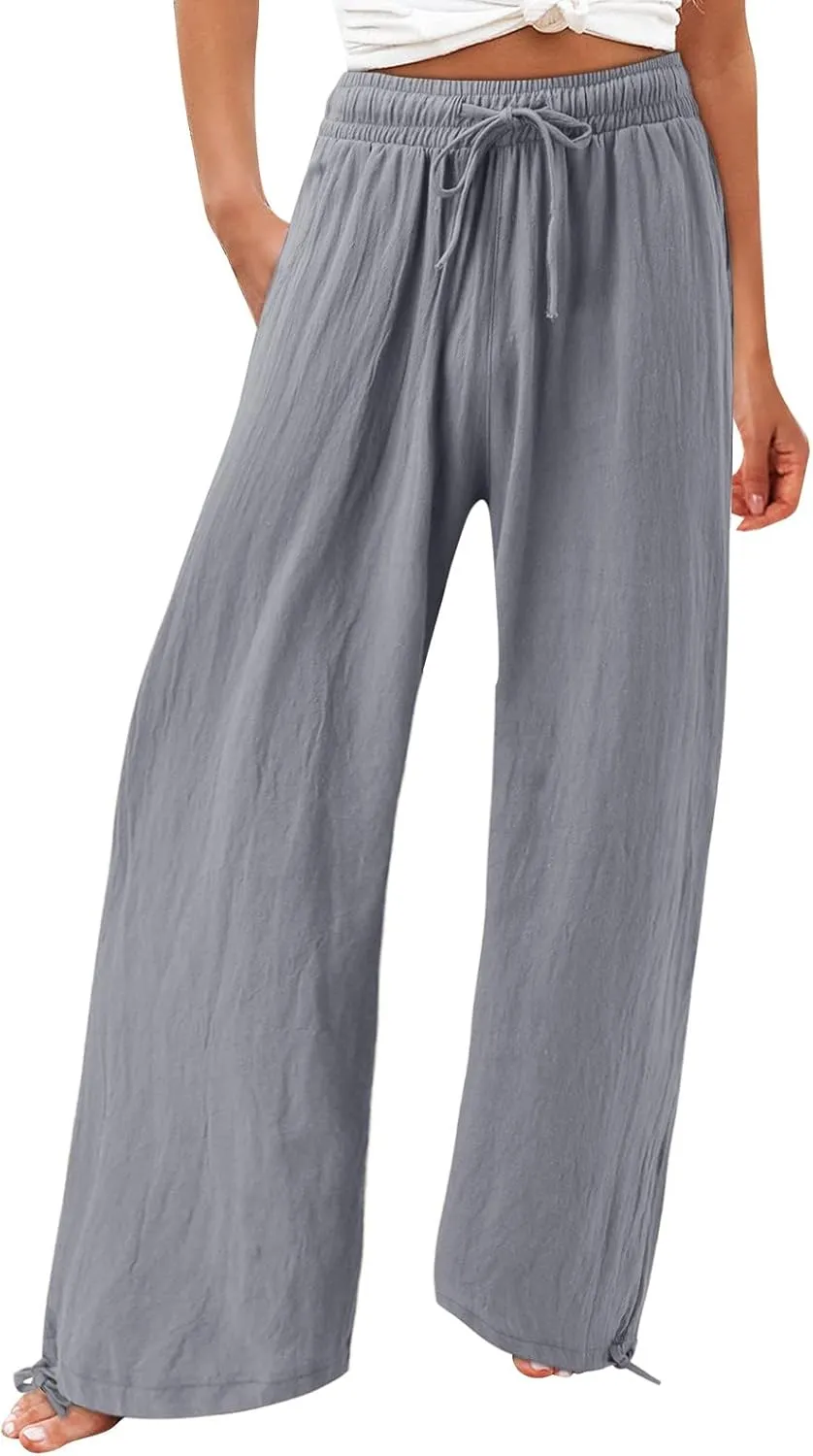 Women Linen Pants Summer Wide Leg Pants Casual Beach Pants with Pockets Elastic Palazzo Pants Boho Flowy Pants
