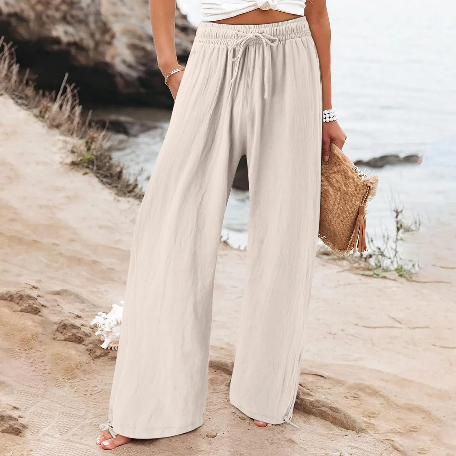 Women Linen Pants Summer Wide Leg Pants Casual Beach Pants with Pockets Elastic Palazzo Pants Boho Flowy Pants