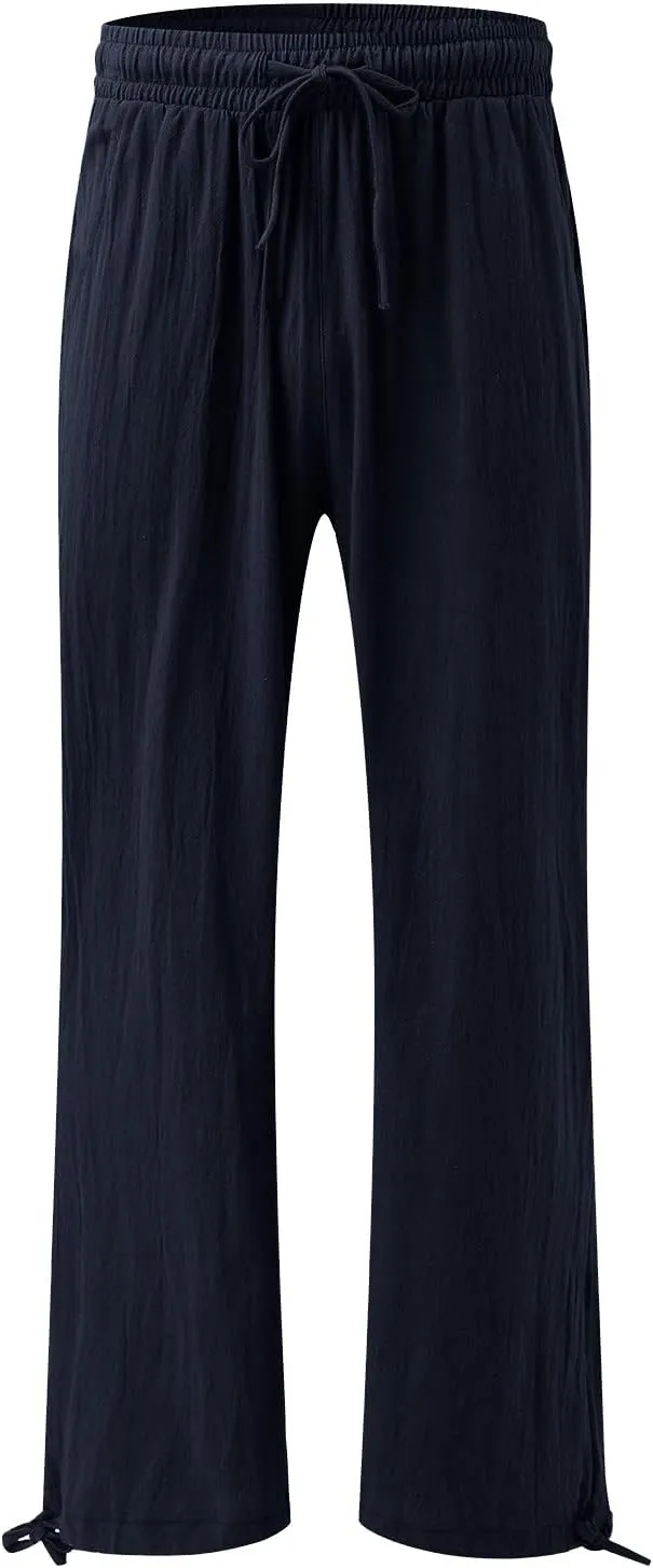 Women Linen Pants Summer Wide Leg Pants Casual Beach Pants with Pockets Elastic Palazzo Pants Boho Flowy Pants