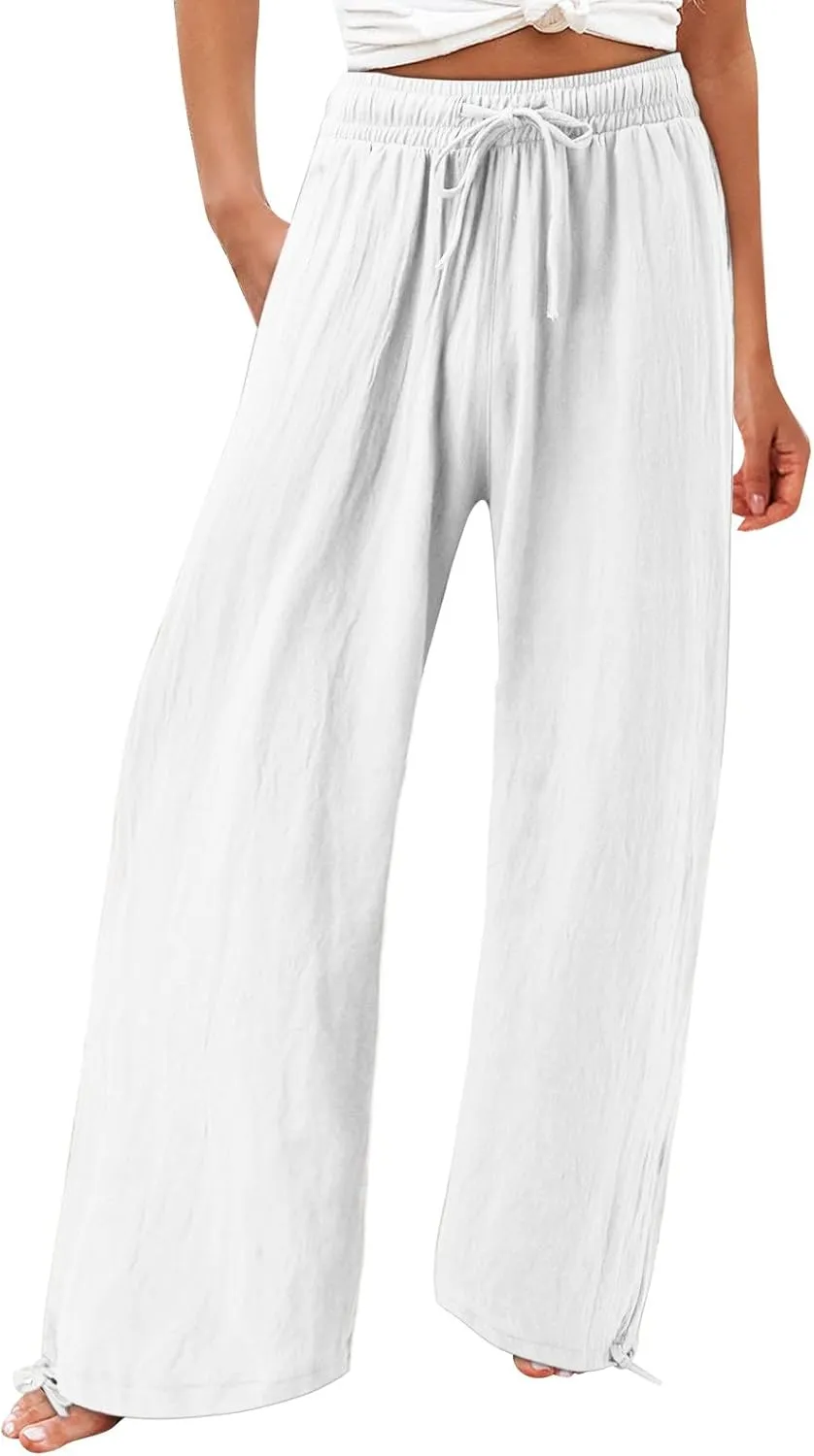 Women Linen Pants Summer Wide Leg Pants Casual Beach Pants with Pockets Elastic Palazzo Pants Boho Flowy Pants