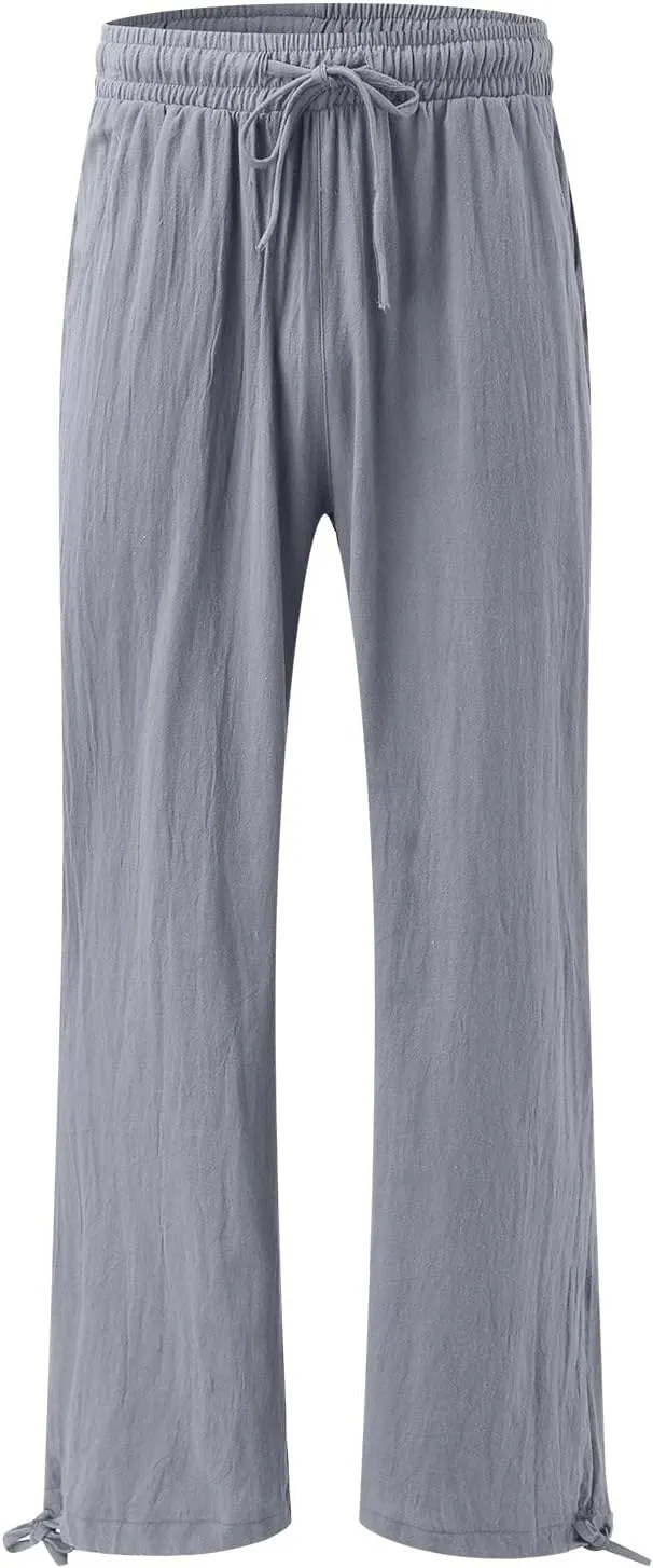 Women Linen Pants Summer Wide Leg Pants Casual Beach Pants with Pockets Elastic Palazzo Pants Boho Flowy Pants