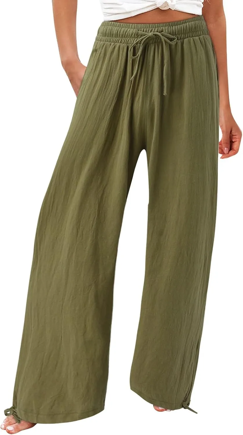 Women Linen Pants Summer Wide Leg Pants Casual Beach Pants with Pockets Elastic Palazzo Pants Boho Flowy Pants