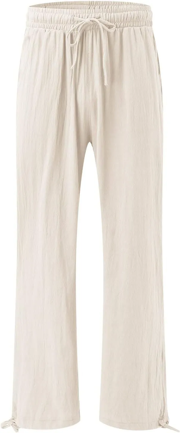 Women Linen Pants Summer Wide Leg Pants Casual Beach Pants with Pockets Elastic Palazzo Pants Boho Flowy Pants