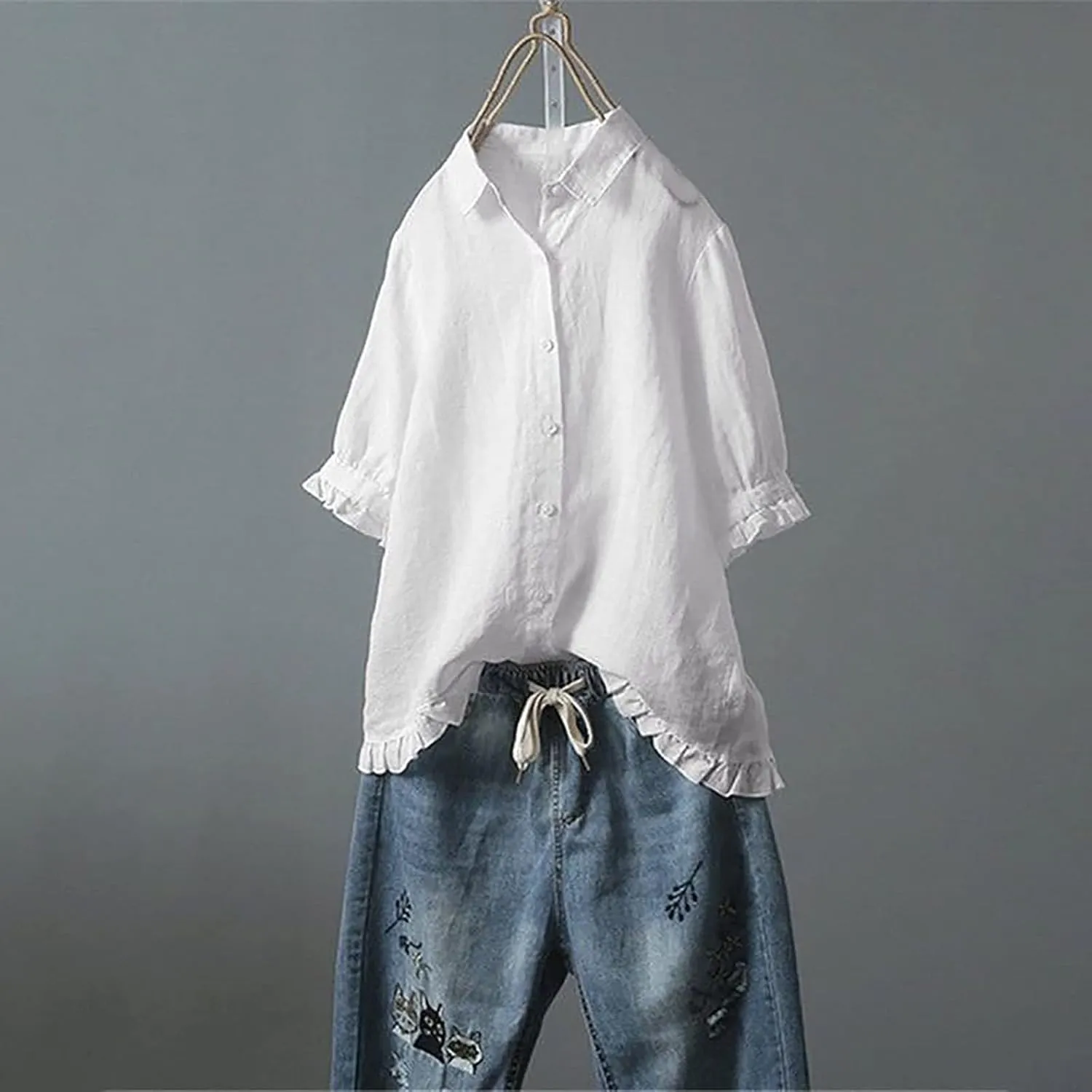 Women Linen Shirts Summer Cotton Linen Plain Long Sleeve T-Shirts Casual Plus Size Basic Crew Neck Tshirts