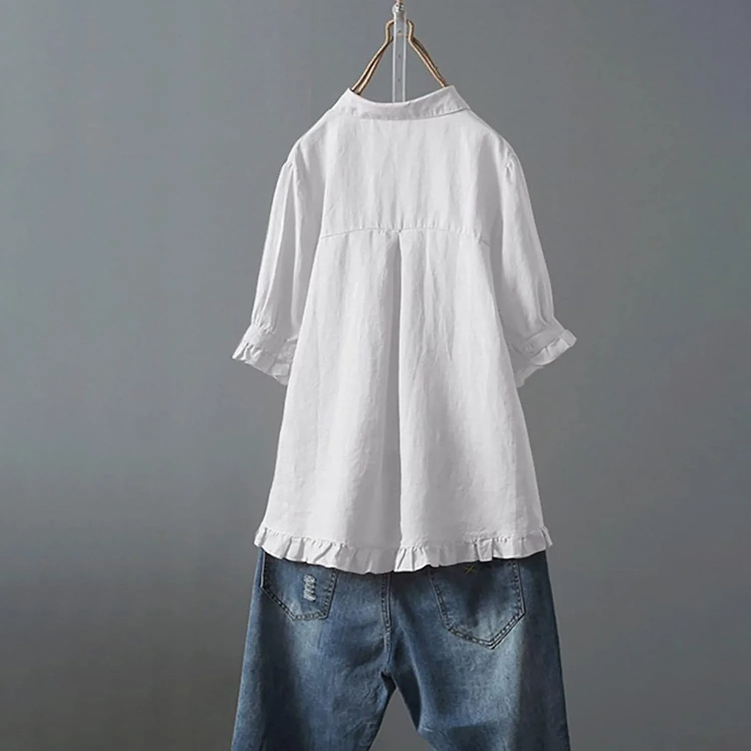Women Linen Shirts Summer Cotton Linen Plain Long Sleeve T-Shirts Casual Plus Size Basic Crew Neck Tshirts