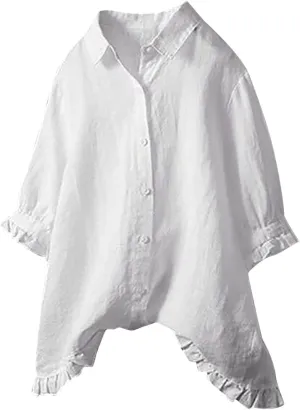 Women Linen Shirts Summer Cotton Linen Plain Long Sleeve T-Shirts Casual Plus Size Basic Crew Neck Tshirts